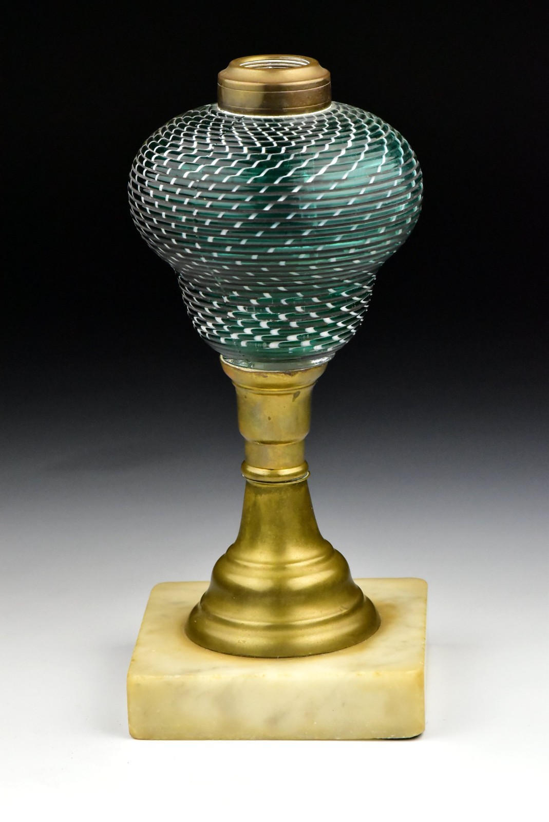 Antique 19th Century Green & White Swirl Reed Glass Font Oil Lamp