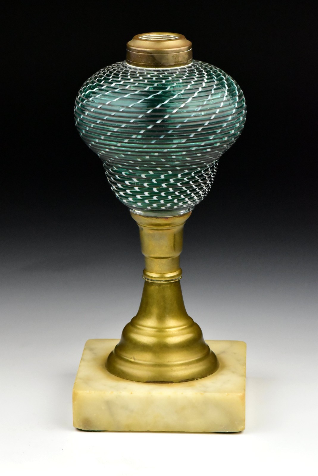 Antique 19th Century Green & White Swirl Reed Glass Font Oil Lamp