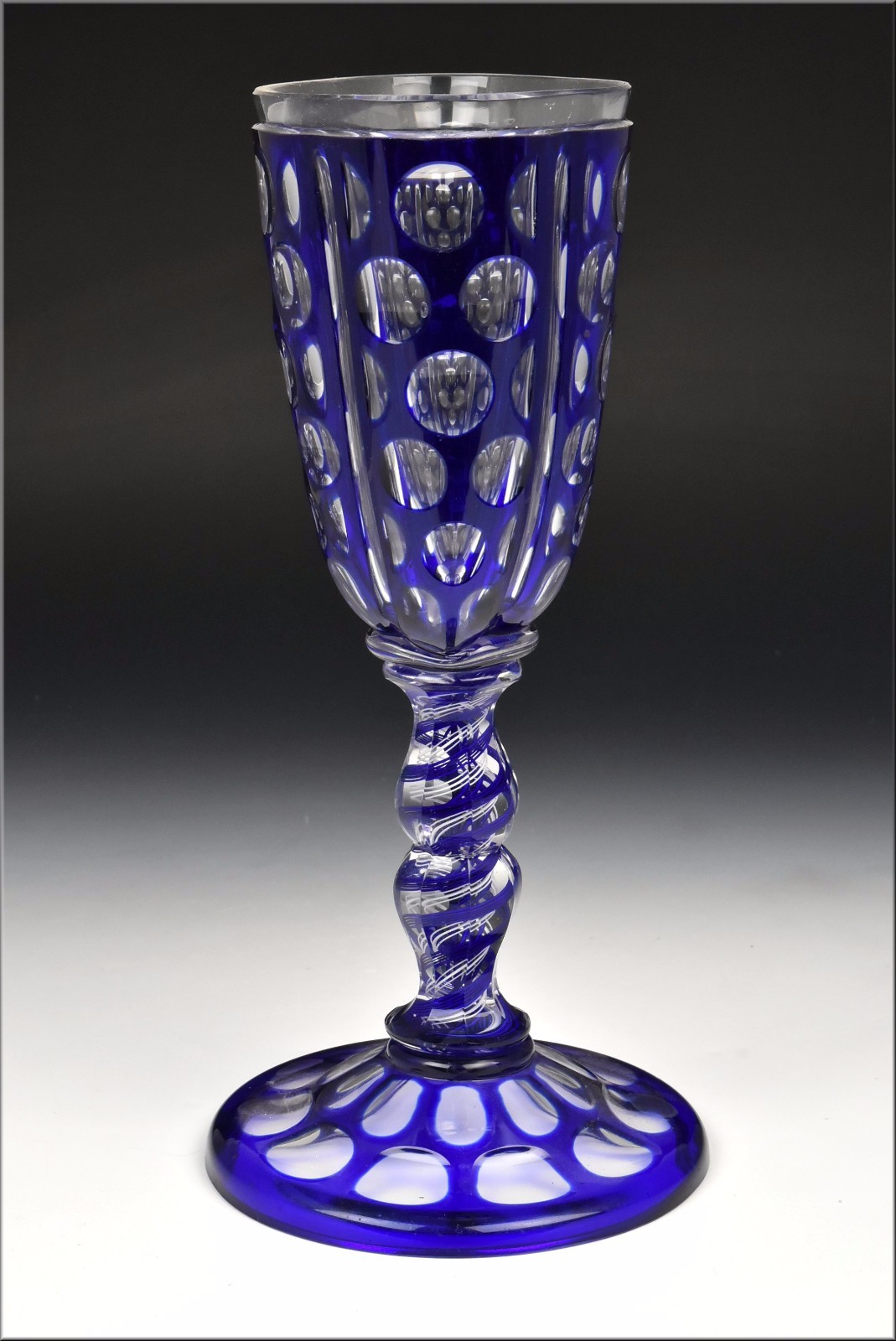 Rare 19th Century Double Air Twist Stem  Cobalt Cut To Clear Overlay Chalice