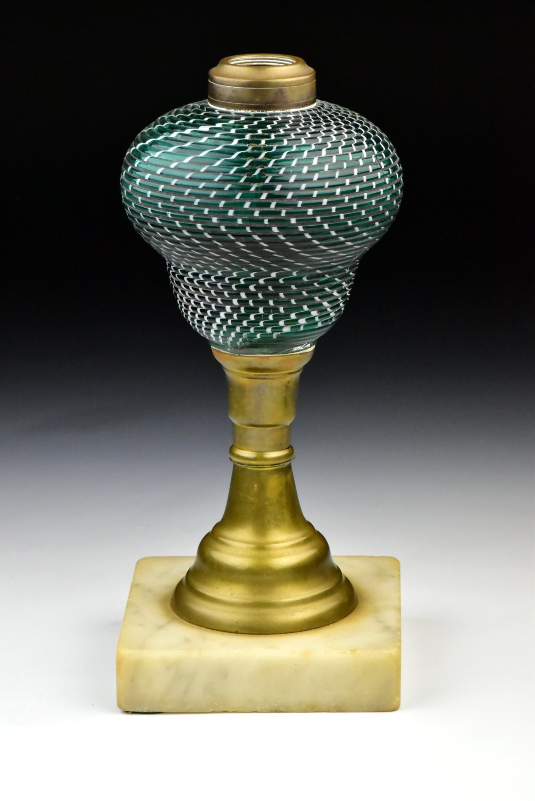 Antique 19th Century Green & White Swirl Reed Glass Font Oil Lamp