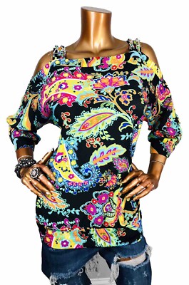 Peck & Peck L Top Stretch Open Cold Shoulders Blouse Chains Multi Print Easywear