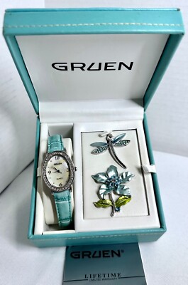 Gruen Ladies Wrist Watch with Mother of Pearl Face in Rhinestones & 2 Brooches