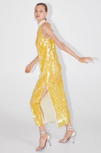 Pre-owned Zara Rare Xs  Limited Edition Sequin Midi Dress Gown Shirt Prom Formal In Yellow
