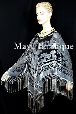 Pre-owned Maya Matazaro Poncho Shawl Top With Fringe Silver Gray Black Burnout Velvet  Usa
