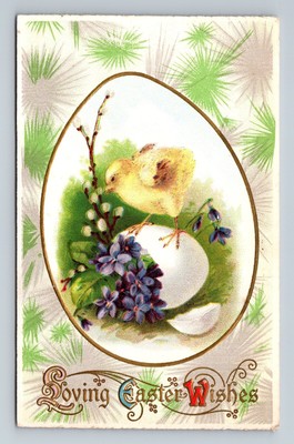Baby Chick Easter Egg Purple Flowers Gold Vintage Easter Wishes Postcard