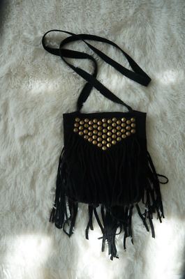 NEW JJ Winters BOHO Fringe Black Suede Studded Medium Crossbody Shouldr Bag UNIQ