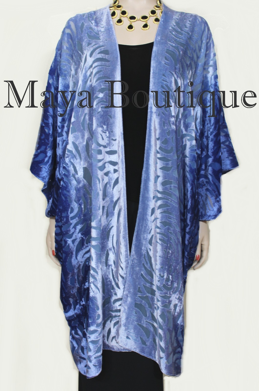 Pre-owned Maya Matazaro Niagara Blue Ombre Camellia Burnout Velvet Caftan Kimono Hand Dyed