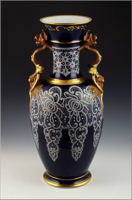 Large Superb Ginori Porcelain Vase w/ Applied Lace Pattern on Cobalt Glaze