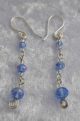 Pretty Light Blue Crystal Glass Dangly Silver Plated Drop Earrings Hand Crafted