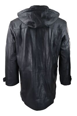 Pre-owned Truclothing Mens Black Real Leather Duffle Jacket Coat Toggle Classic Fisherman Hooded 3/4