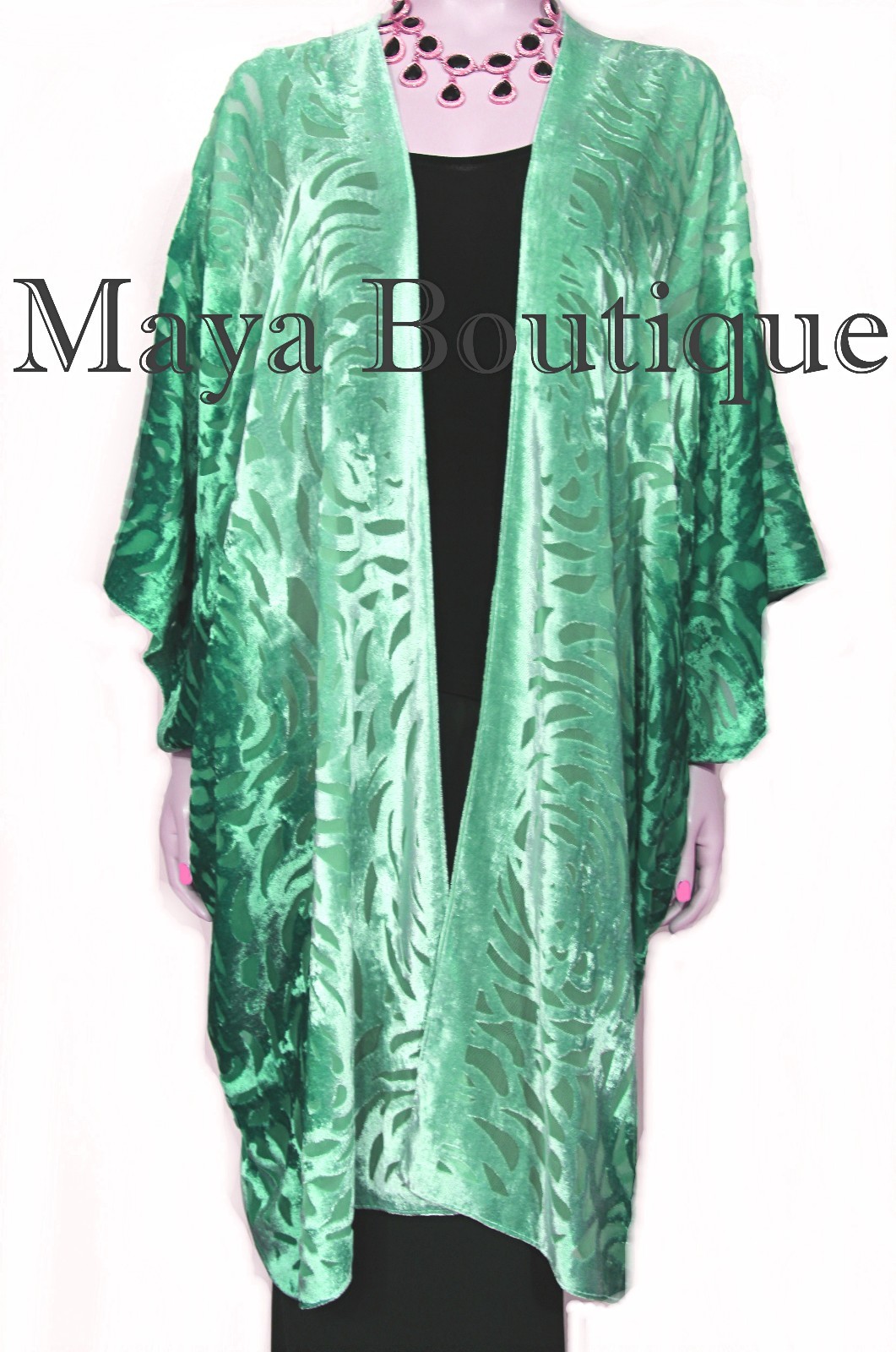 Pre-owned Maya Matazaro Emerald Green Camellia Burnout Velvet Caftan Kimono Ombre Hand Dye