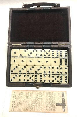 Brand New Domino Double Six Set-Ivory w/Black Dots & Metal Spinners w/Case