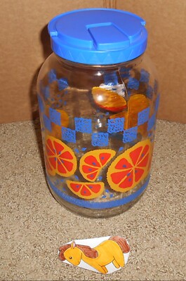 VINTAGE 1 GALLON SUN TEA JAR BLUE & ORANGE FRUIT SLICE DESIGN   NO SPOUT