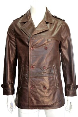 Men's Brown Classic Reefer Pea Coat Fashion Deluxe Lambskin Hide Leather Jacket