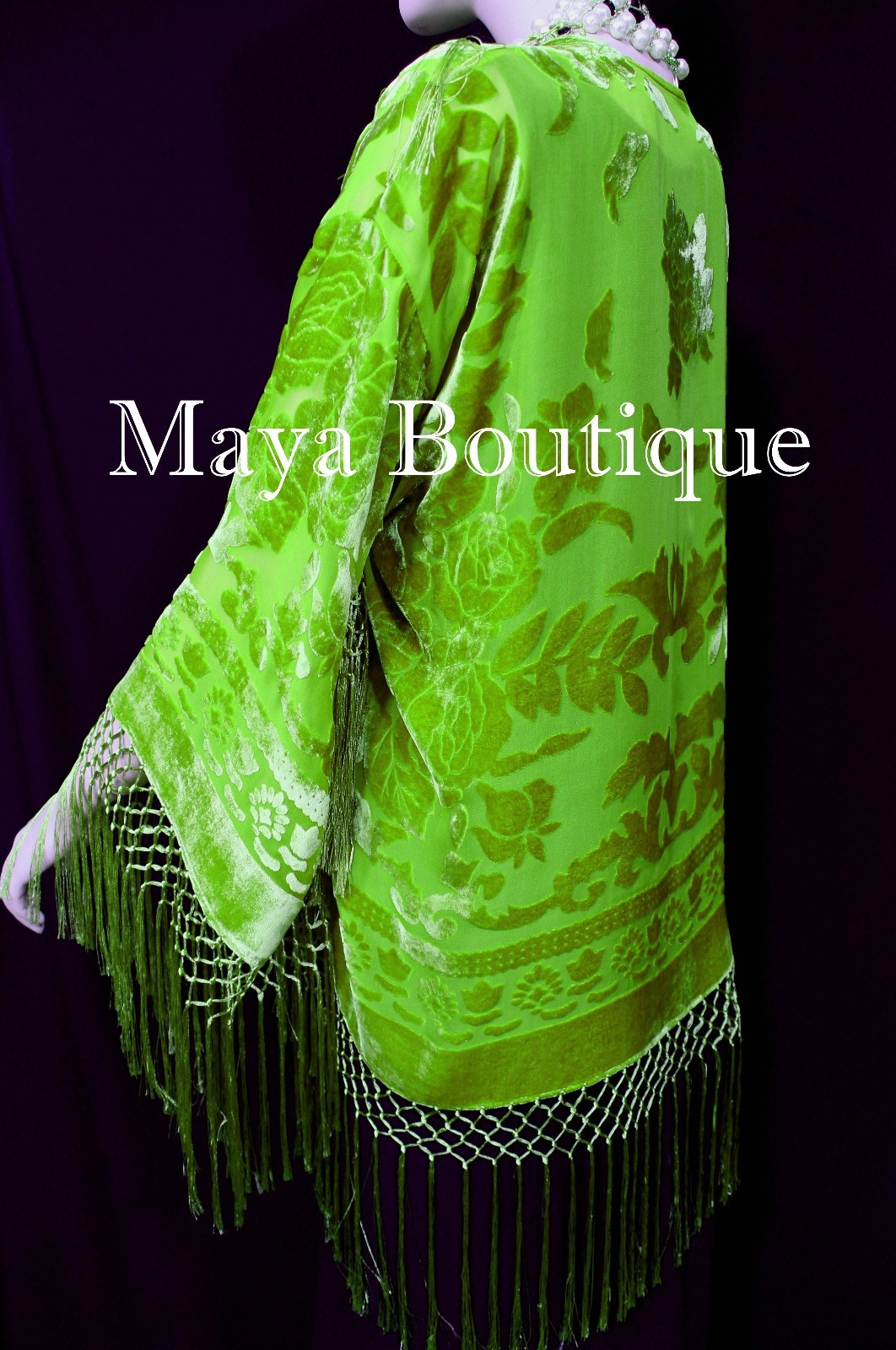 Pre-owned Maya Matazaro Fringe Jacket Short Kimono Duster Silk Burnout Velvet Lime Maya Boutique In Green