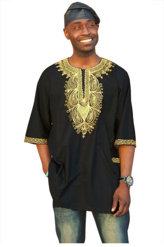 Traditional African Dashiki Shirt with Gold embroidery S to 7XL