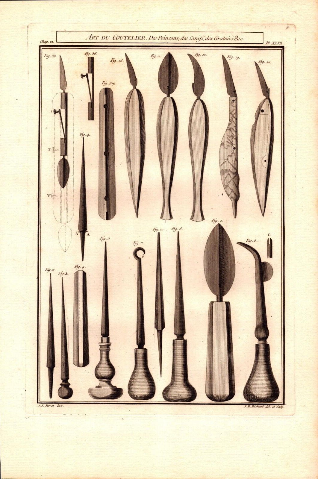 PUNCHES, POCKET KNIVES & SCRAPERS Antique original engraving 1771