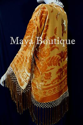 Pre-owned Maya Matazaro Orange Kimono Silk Burnout Velvet Fringe Jacket Short  Made In Usa