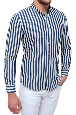 Camicia sartoriale uomo in lino primavera estate bianco blu scuro rigata gessata