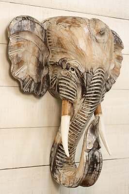 Wooden Whitewashed Hand Carved Elephant Wall Bust Sculpture Hanging Decor Statue