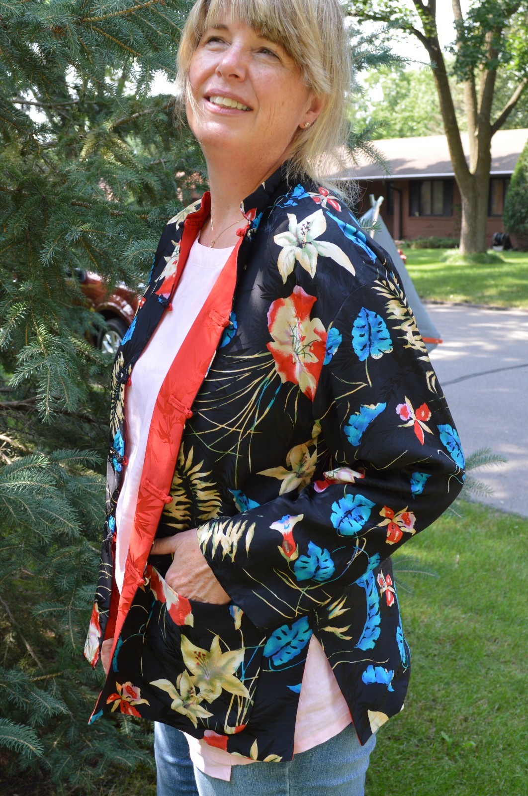 CHICO'S Asian Jacket 100% Silk Sz 2 (12/14/Large) Reversible