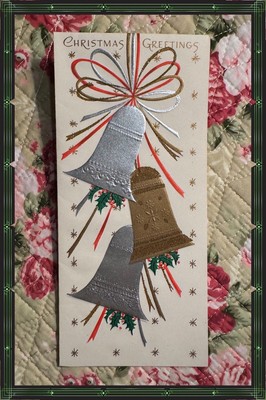 Vintage Christmas Card Silver Gold Gilded Bells Ribbon MCM Inside Design Env NOS