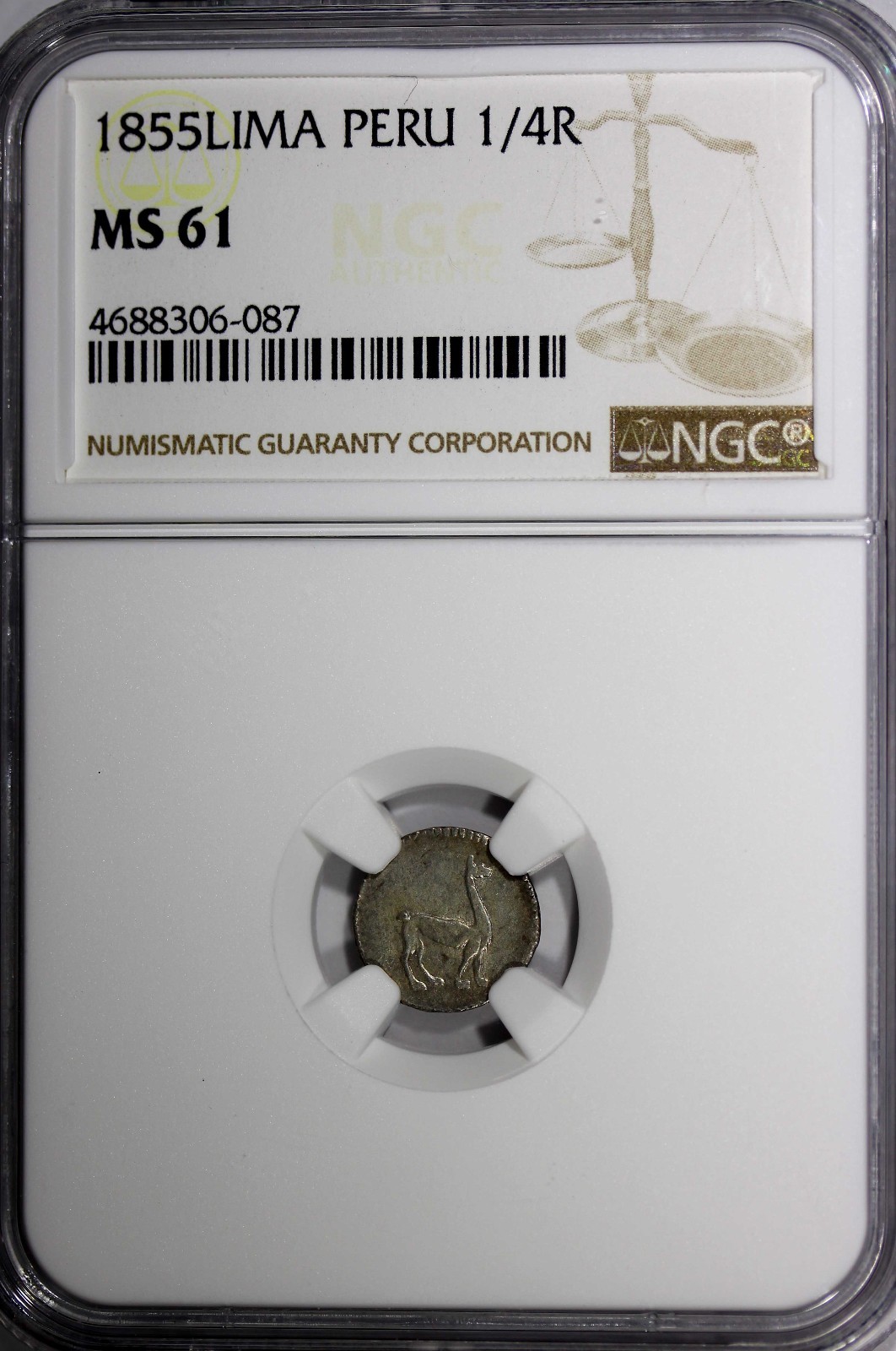 Peru Silver 1855 1/4 Real Lima Mint  NGC MS61  Llama KM143.1
