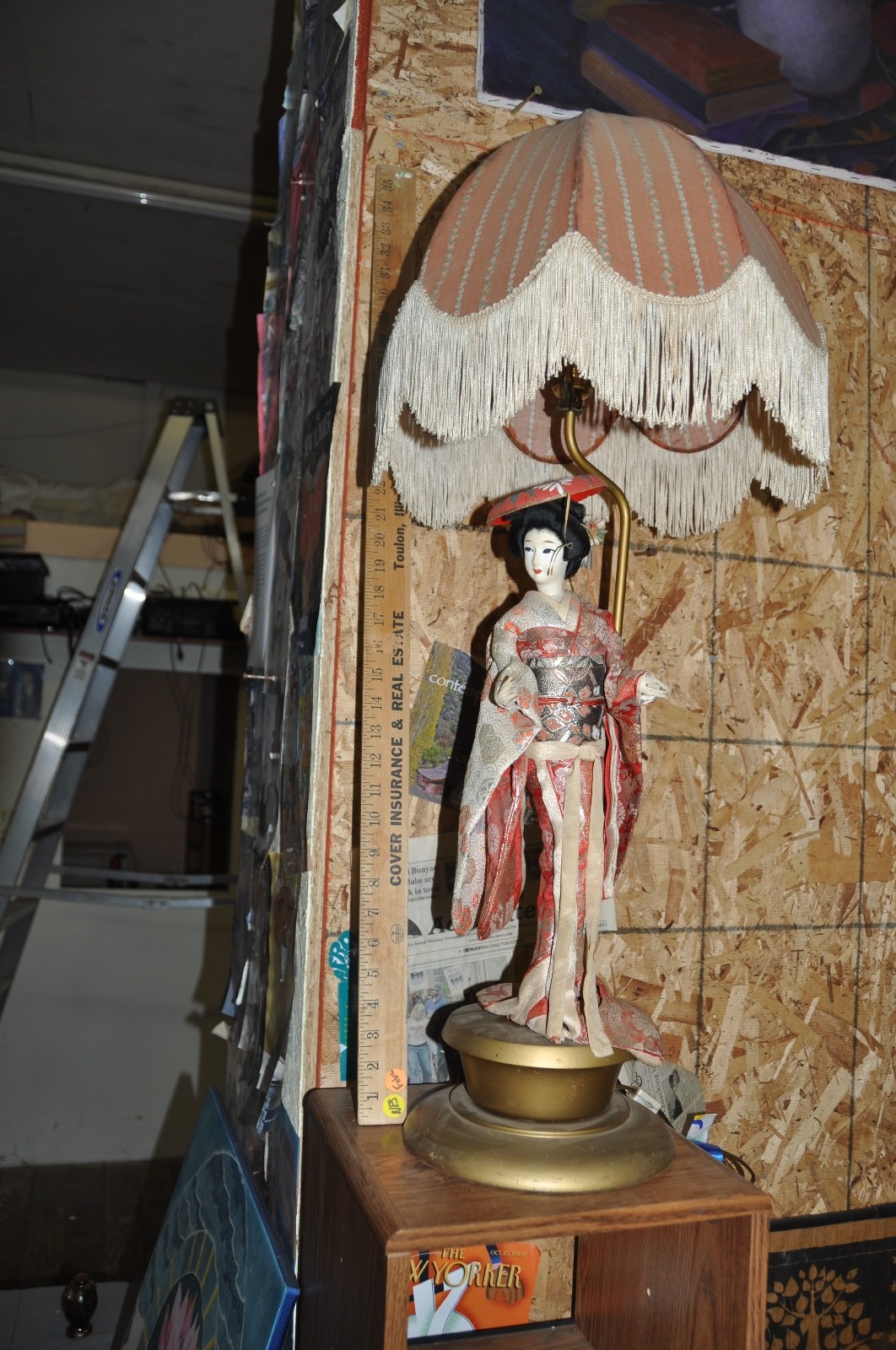 Stunning 3 foot 1940s antique Japan Geisha Lamp wood, metal, fine fabric, works