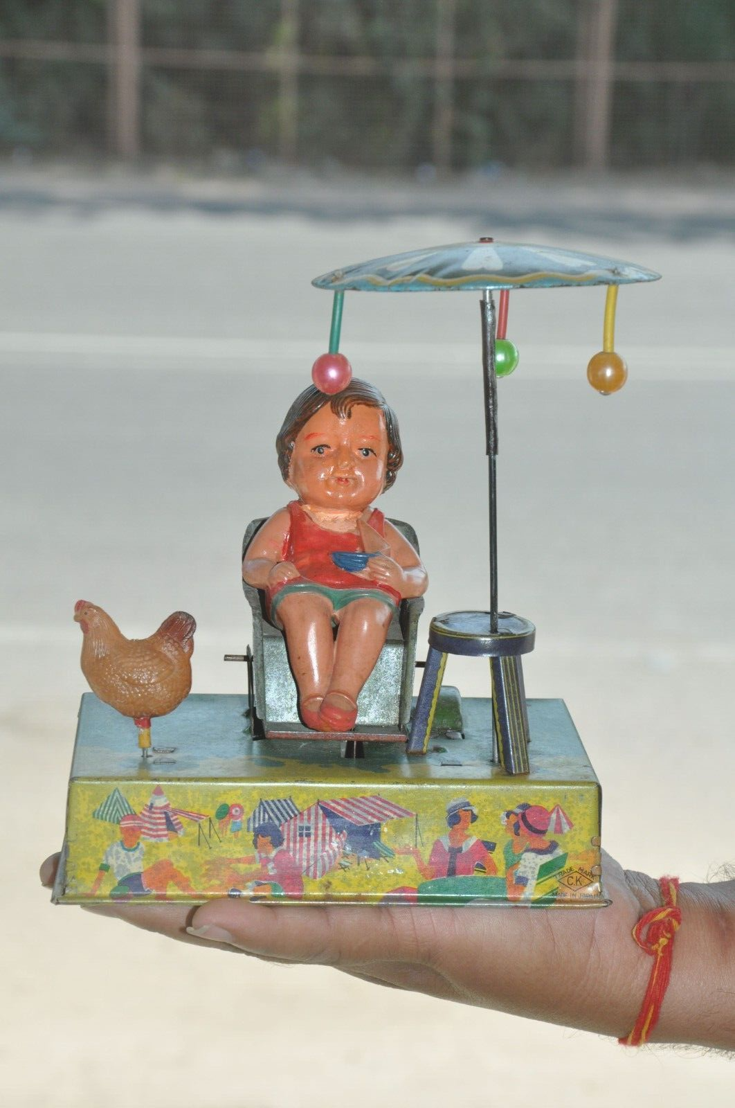 Vintage C.K Trademark Girl & Duck Litho Wind Up Tin Toy