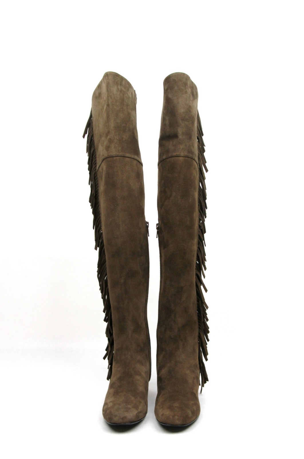 Pre-owned Saint Laurent Woman's Brown Suede Over The Knee Fringed Boots 438270 2532