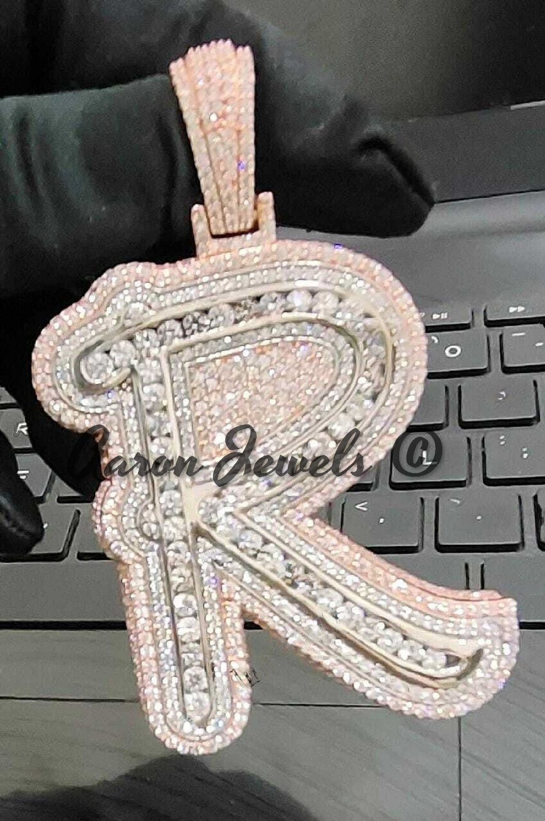 Pre-owned Handmade 6.77cts Moissanite Men's Any Initial "r" Pendant Real 925 Silver Passes Tester In White/colorless