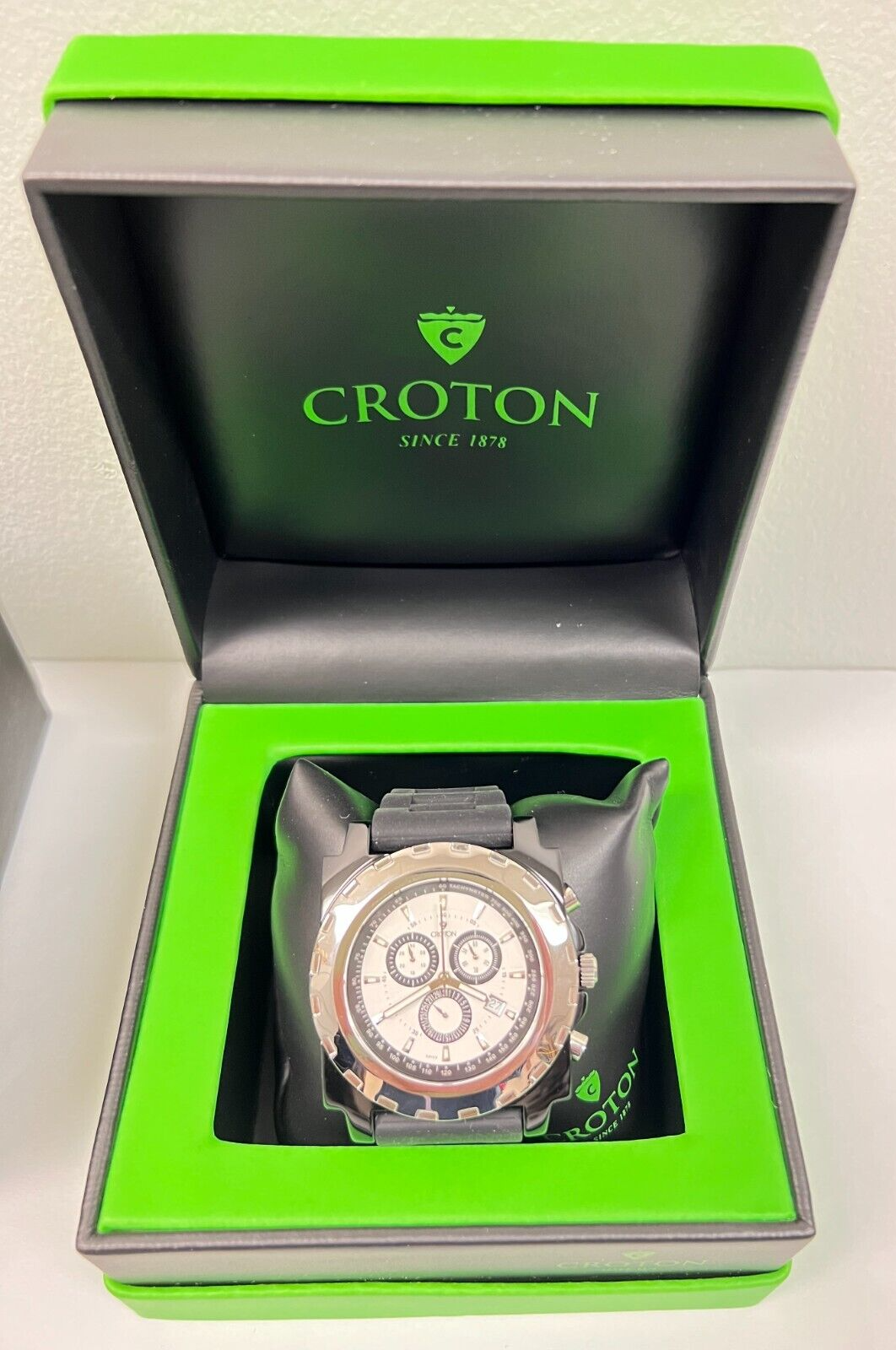 Pre-owned Croton Duratron Chronograph, Men's Watch Black Band White Face-new