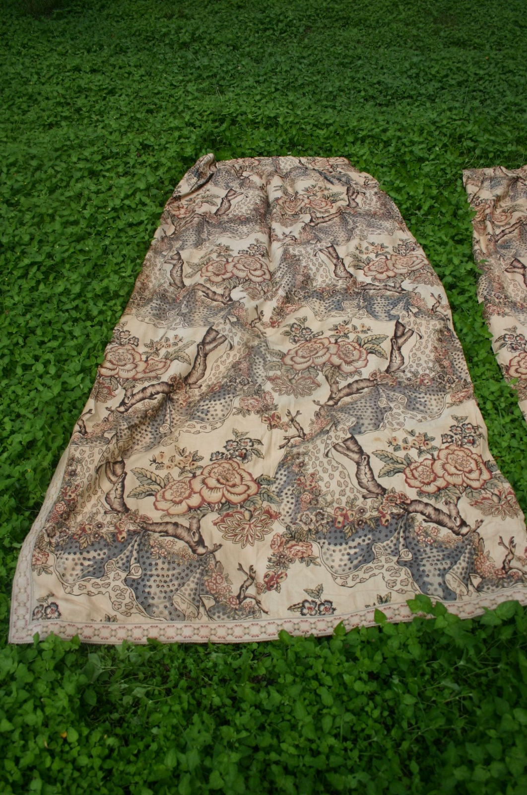 Antique Art Nouveau nature linen shabby fine vintage fabric drape curtain panels