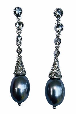 Gray Faux Pearl Rhinestone Silver Tone Dangle Dressy Prom Bridal Pierced Earring