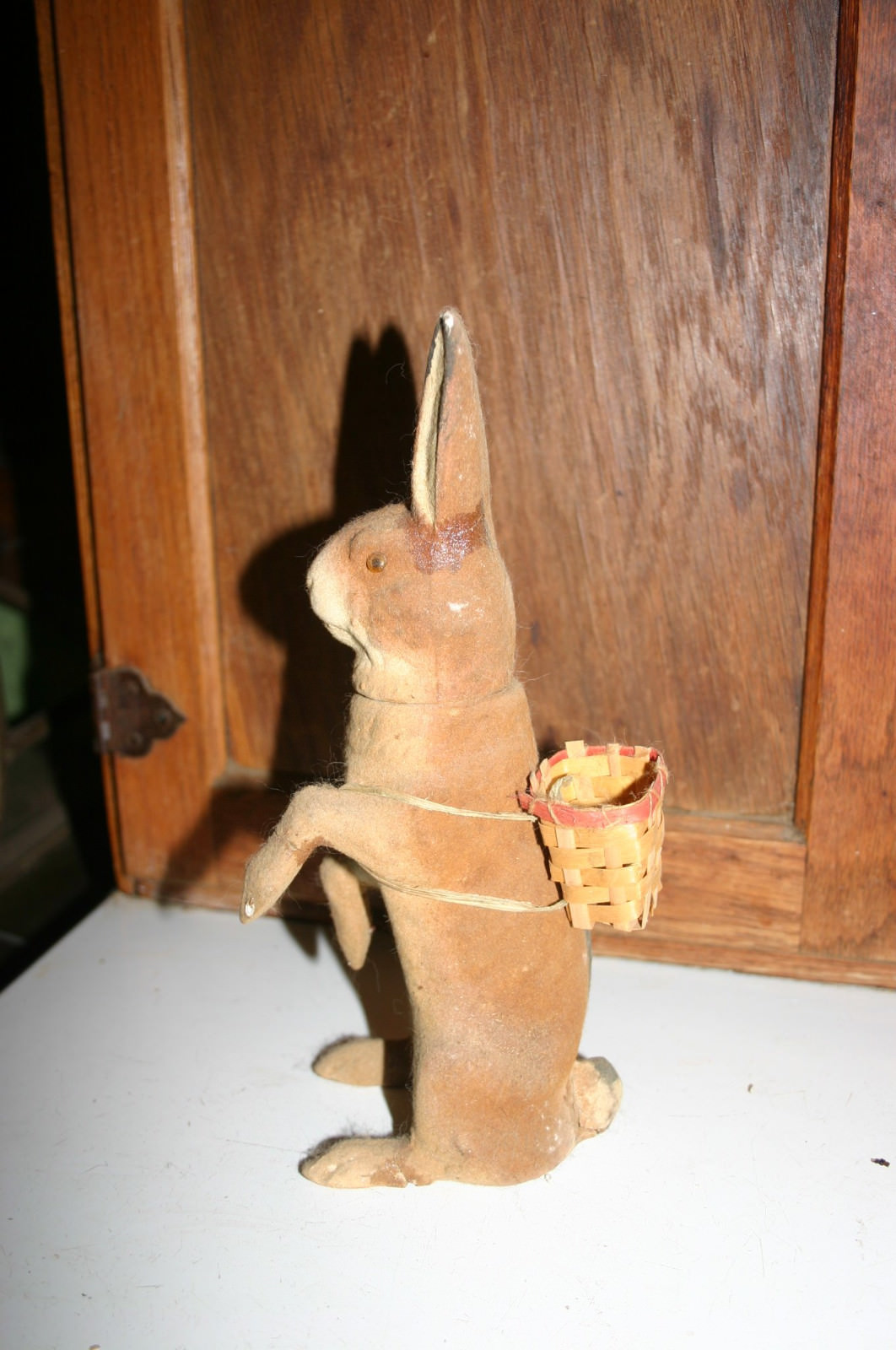RARE ANTIQUE FLOCK VINTAGE GERMAN PAPER MACHE RABBIT WITH BASKET CANDY CONTAINER