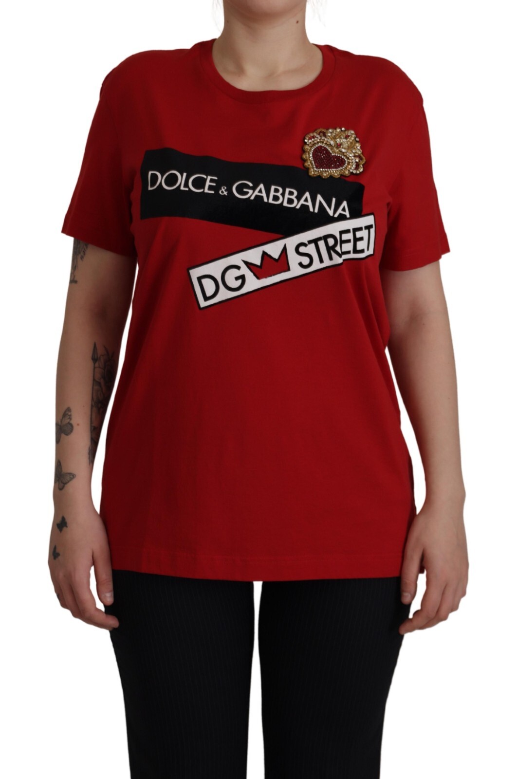 DOLCE & GABBANA Футболка Хлопково-красный топ с круглым вырезом и украшением IT44/US10/L 1100usd