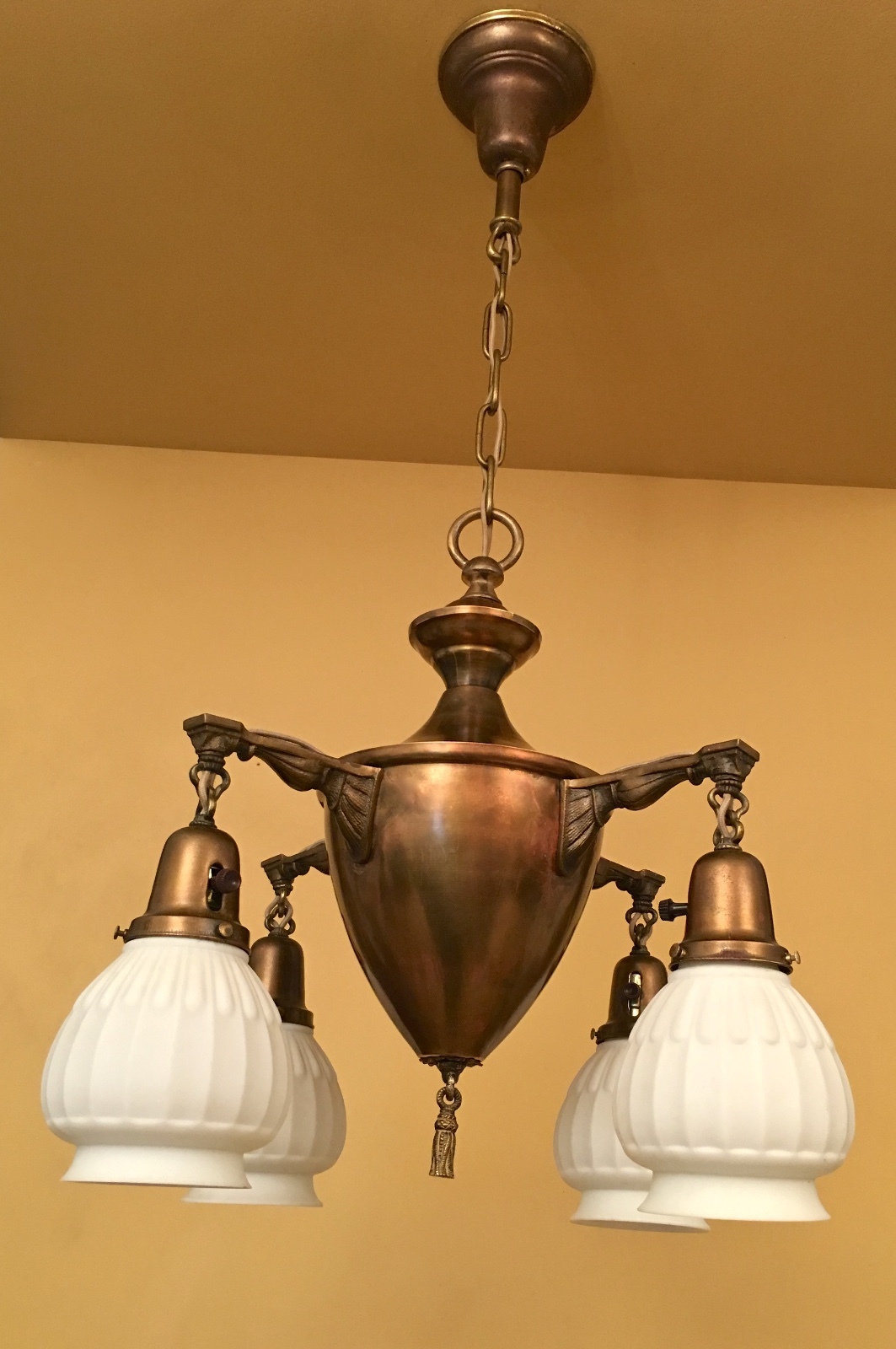 Vintage Lighting 1920s brass pan style chandelier