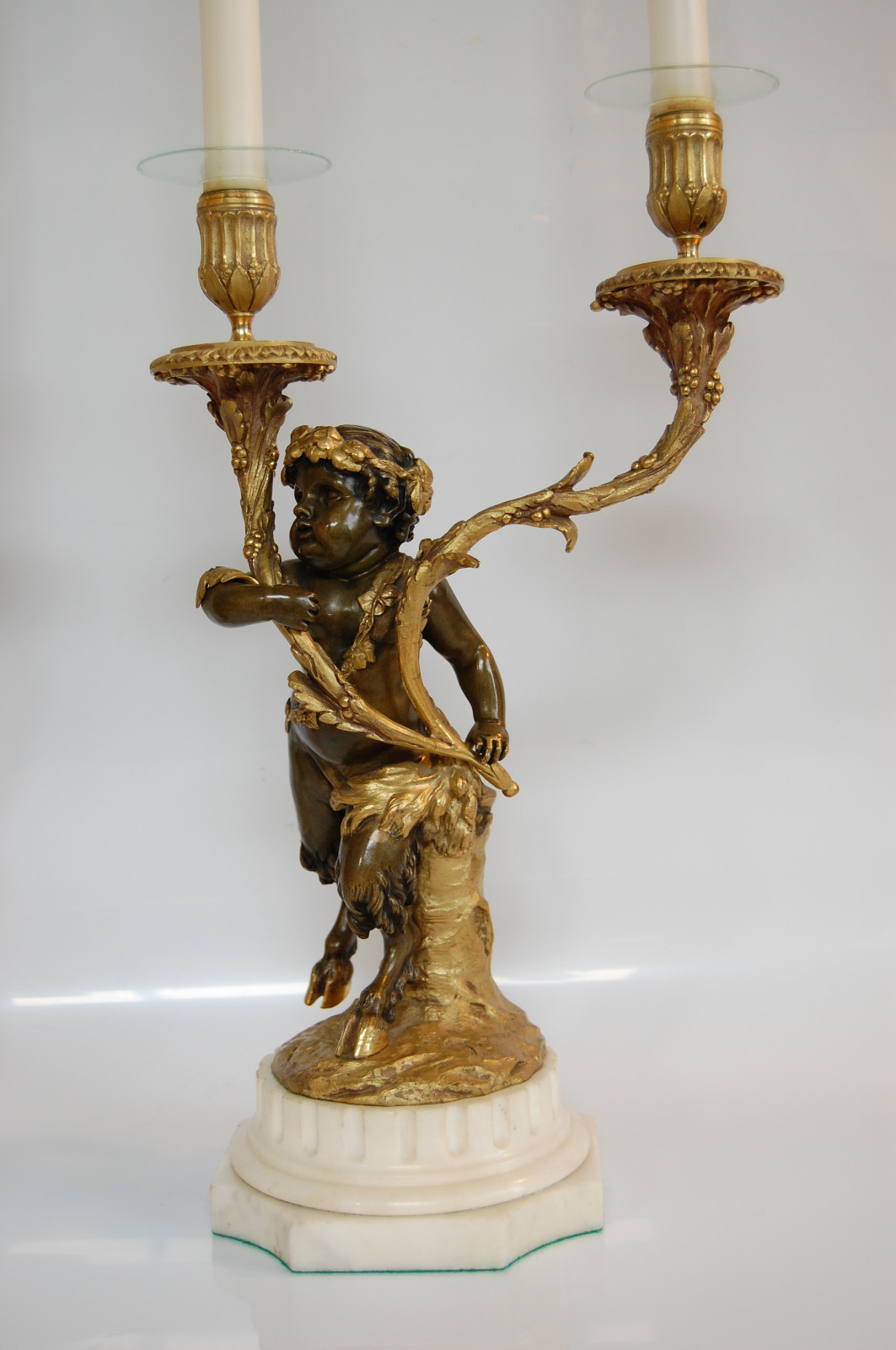 Pair of Gilt and Patinated Bronze & Marble Two-Light Candelabra, Signed Clodion
