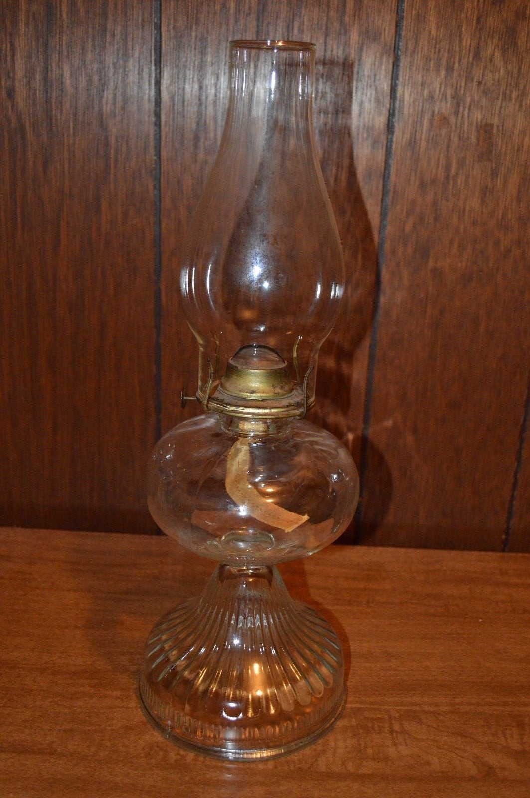 Vintage Clear Glass Oil Lamp With Burner & Chimney 17 1/2 Inches Tall Overall