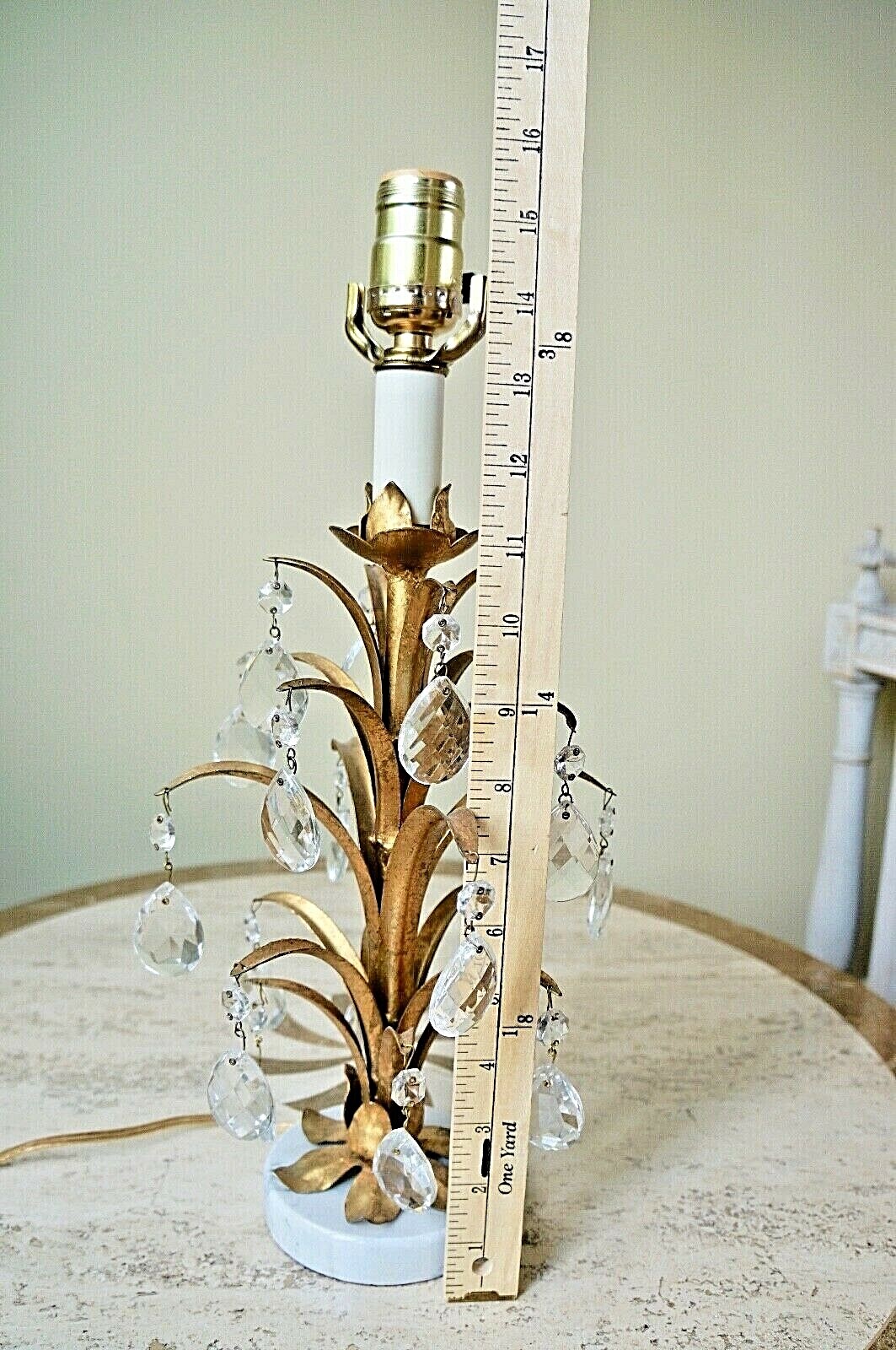 Vtg Italian Gold Leaf Gilt Tole Table Lamp Crystal Prism Metal Marble Base ITALY