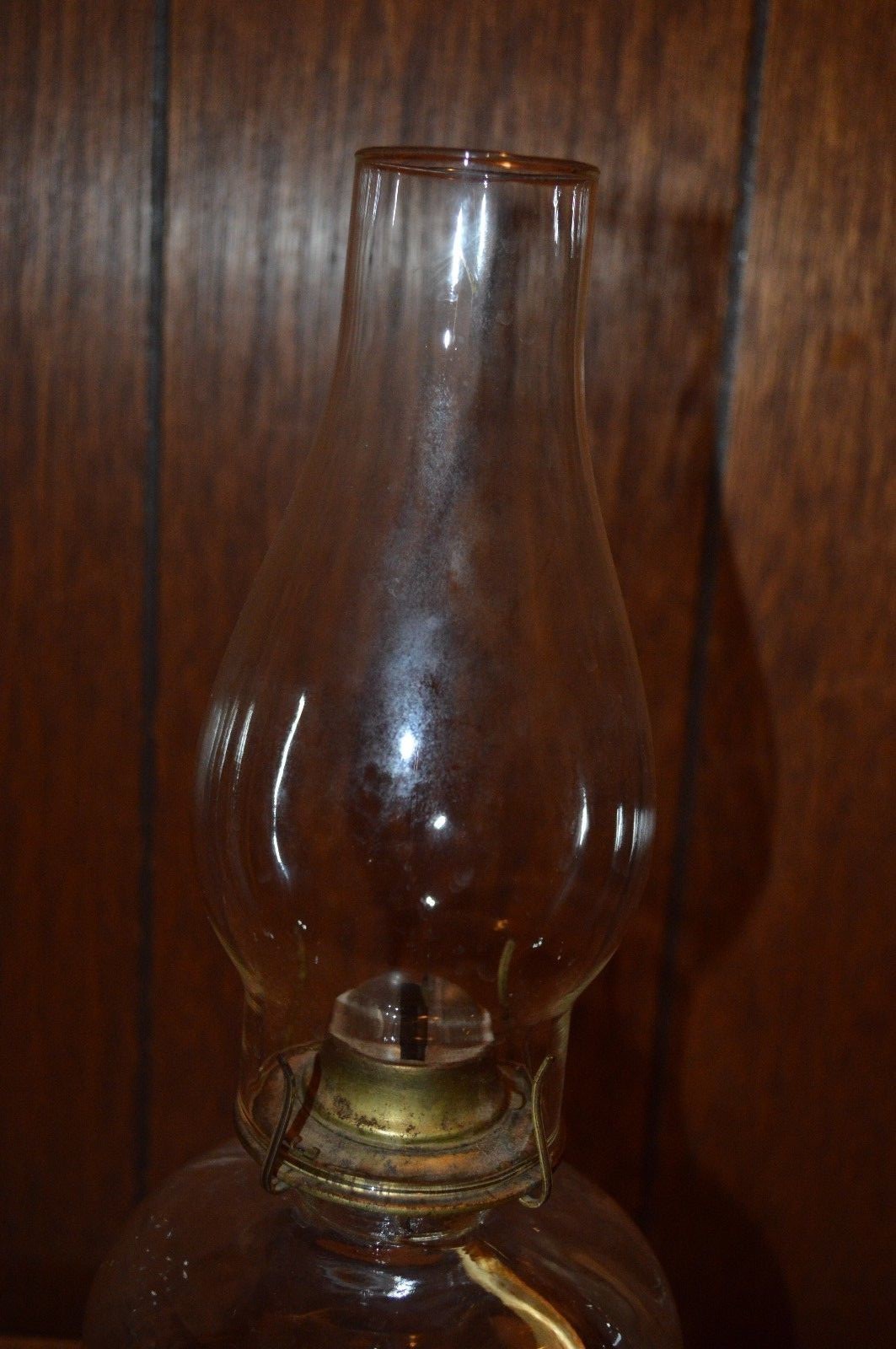 Vintage Clear Glass Oil Lamp With Burner & Chimney 17 1/2 Inches Tall Overall