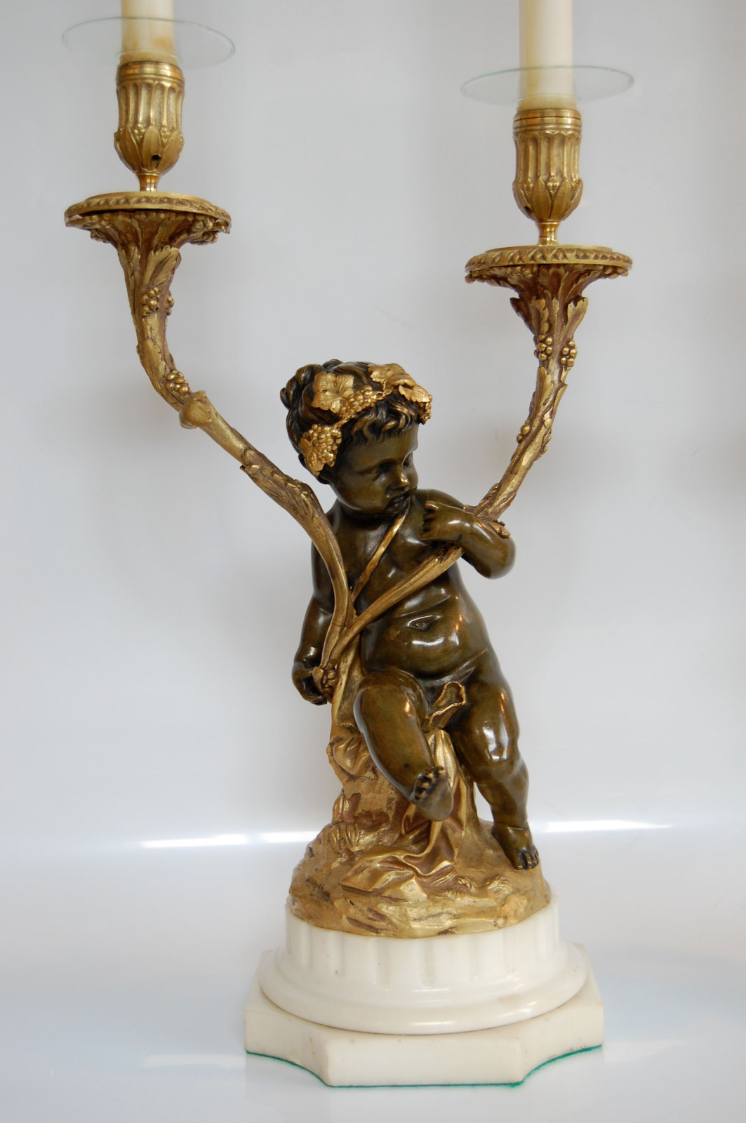 Pair of Gilt and Patinated Bronze & Marble Two-Light Candelabra, Signed Clodion
