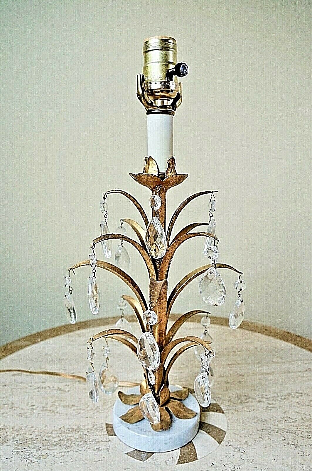 Vtg Italian Gold Leaf Gilt Tole Table Lamp Crystal Prism Metal Marble Base ITALY