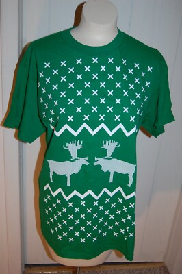 Mens Womens GREEN S/S CHRISTMAS T-SHIRT Sweater Type Design REINDEER Size M