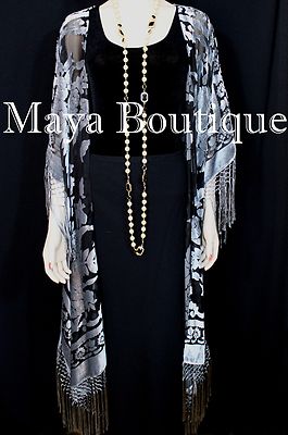 Pre-owned Maya Matazaro Silver Gray Caftan Duster Fringe Jacket Kimono Burnout Velvet