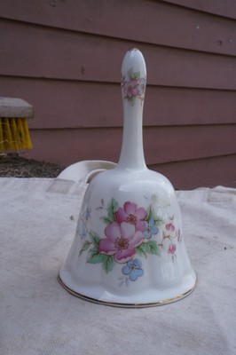 Vintage Bone China Floral Design Bell 1950s gold leaf pink dogwood blue bell