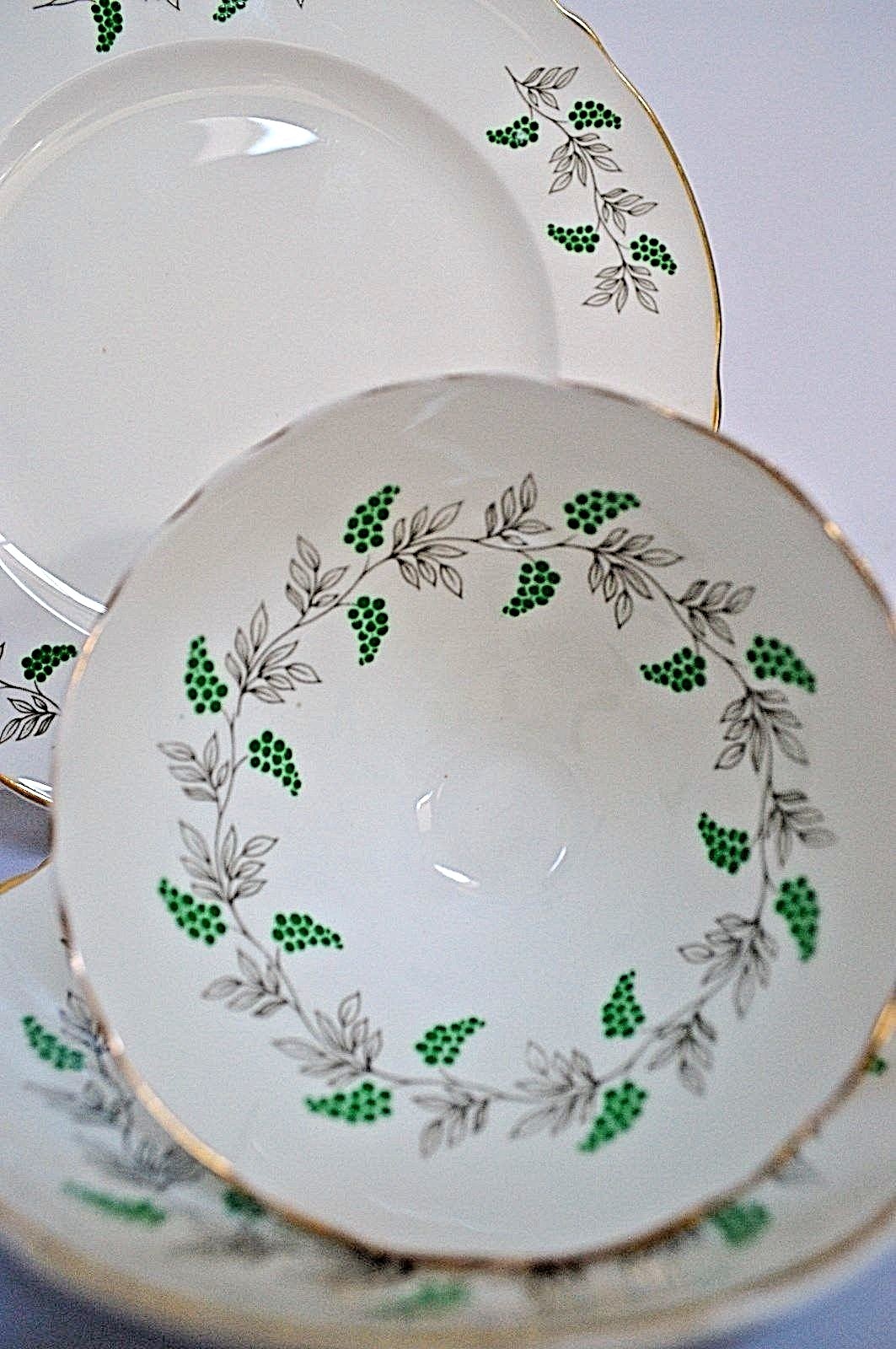 Crown Staffordshire Green Berry Trio Set Scalloped Footed Teacup Saucer Plate