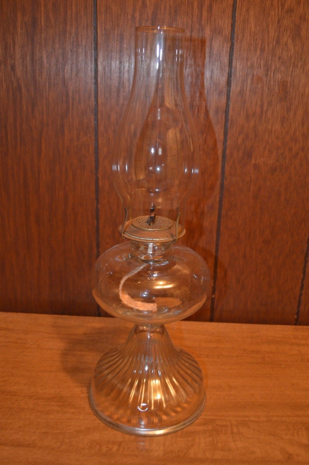 Vintage Clear Glass Oil Lamp With Chimney & Burner 17 3/4 Inches Tall Overall