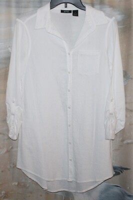 Apt. 9  Collared Button Front White Stretch Blouse Top w/Roll Tab Sleeves-Size S