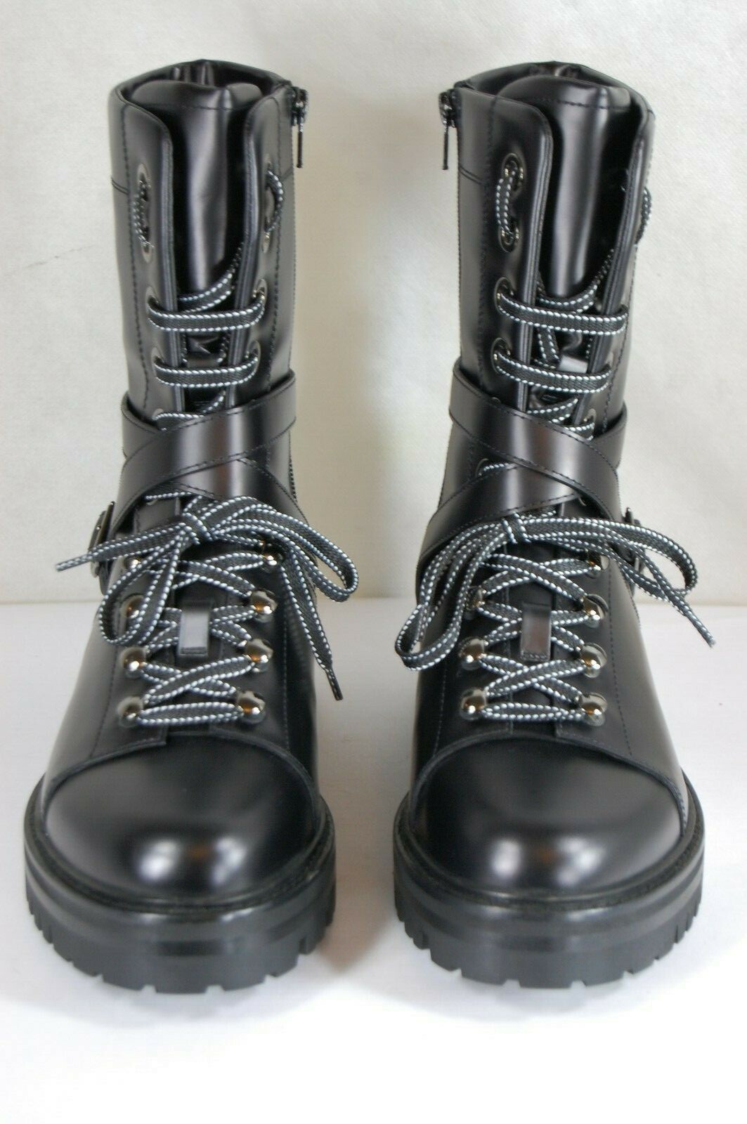 Pre-owned Valentino Garavani Valentino Runway Rockstud Black Leather Combat Biker Riding Boots Eu 39.5 Us 9.5